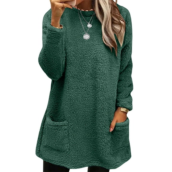 Winter Sweatshirts for Women comfort Sweater for anxiety Long Sleeve Shirts Crewneck Casual Warm Cute Long Tops Dark Green L