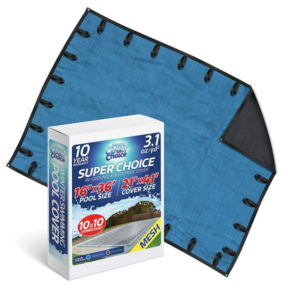 Winter Swimming Pool Cover for 16 ft x 36 ft Inground Rectangular Pool Size, Super Choice Series, Mesh Material, Color - Tropic Blue, Pool Cover Choice 541636RCHOICE