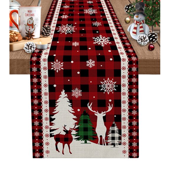 Winter, Table Runner 36 Inches, Christmas Reindeer Snowflake Winter Red Lattice Bed Runner Dresser Scarves Tabletop for Indoor Outdoor Parties/Ceremony/Banquet, 13"x 36"