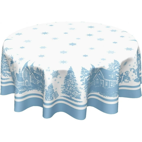 Winter Tablecloth Blue Snowflake Snowman Round Tablecloth 60 Inch Christmas Tree Table Cloth Winter Christmas Farmhouse Polyester Table Cover For Holiday Kitchen Dining Room Party Indoor Outdoor Decor
