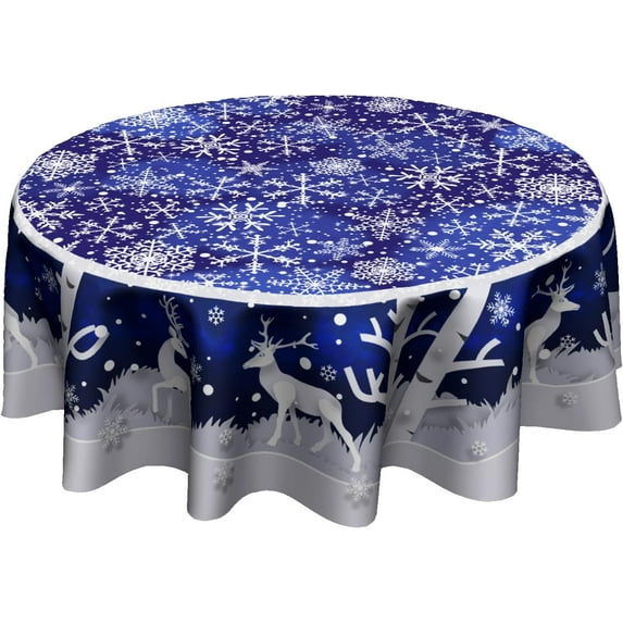 Winter Tablecloth Round - Blue Snowflake Round Table Cloths 60 Inch Snowy Xmas Reindeer Table Cover for Dinner Kitchen Picnic