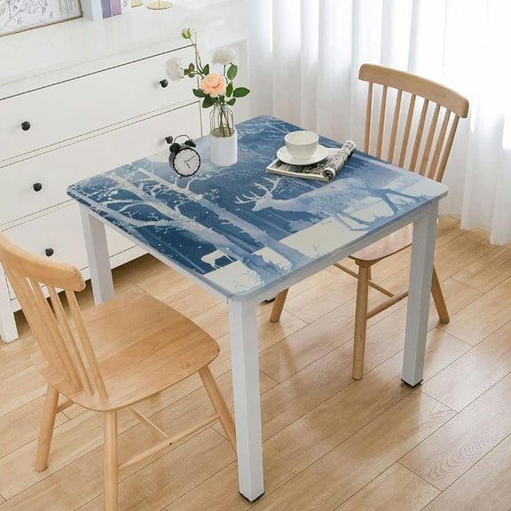 Winter Tablecloth, Silhouettes of in Snowy Forest with Blizzards Surreal Dreamy Fantasy Theme, Dining Room Kitchen Rectangular Table Cover