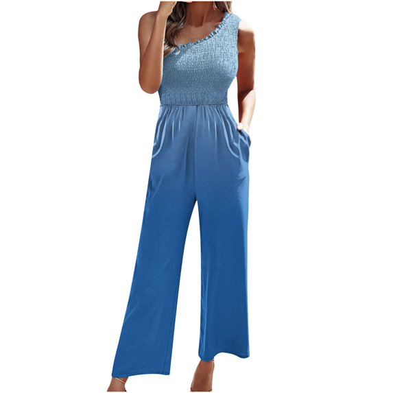 Winter Tank Jumpsuit for Women Smocked Wide Leg Rompers with Pockets Bohemian Ruffed O-Neck Straight Leg Capri Overalls