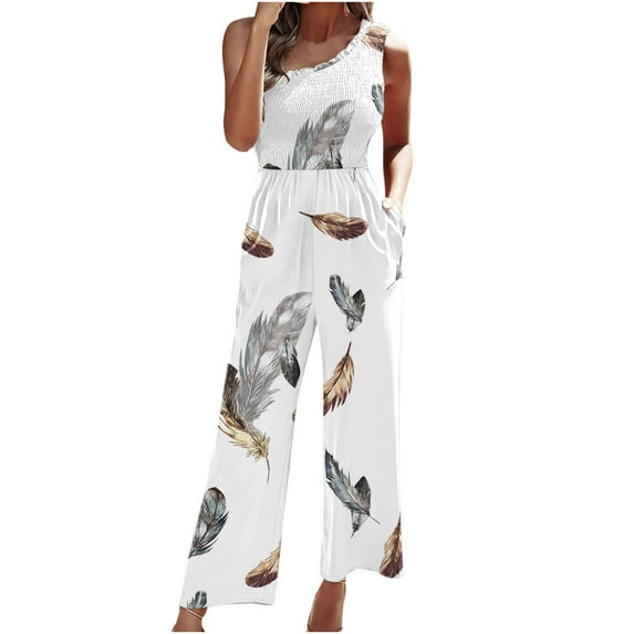 Winter Tank Jumpsuit for Women Smocked Wide Leg Rompers with Pockets Bohemian Ruffed O-Neck Straight Leg Capri Overalls