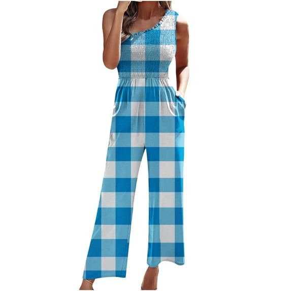Winter Tank Jumpsuit for Women Smocked Wide Leg Rompers with Pockets Bohemian Ruffed O-Neck Straight Leg Capri Overalls