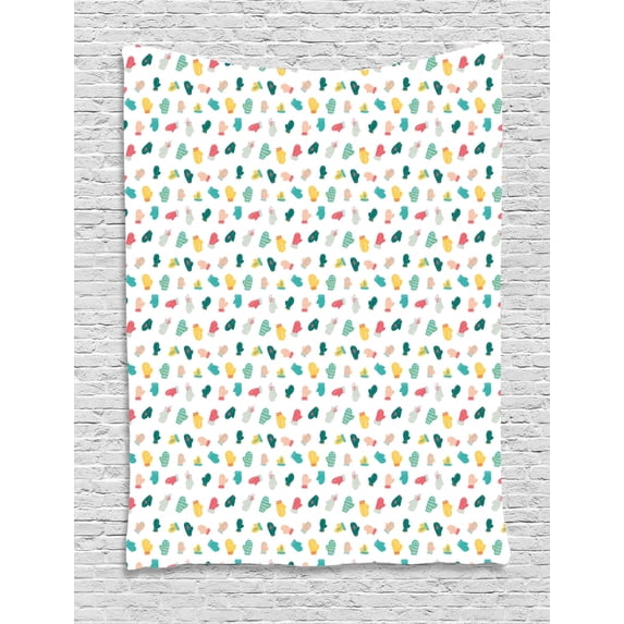 Winter Tapestry, Illustration of Doodle Style Colorful Mittens Holiday Season Christmas Vibes, Wall Hanging for Bedroom Living Room Dorm Decor, 60W X 80L Inches, Mustard Multicolor, by Ambesonne