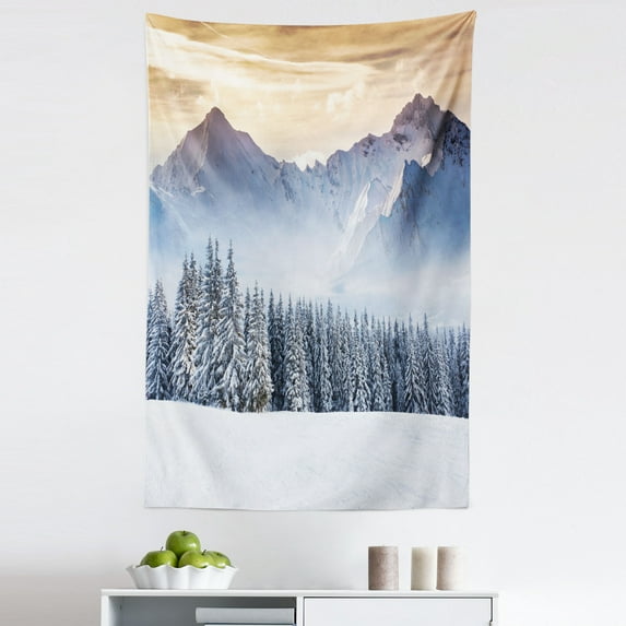 Winter Tapestry, Landscape Photography Snowy Mountains Pine Trees Foggy Weather, Fabric Wall Hanging Decor for Bedroom Living Room Dorm, 5 Sizes, Caramel White Black, by Ambesonne
