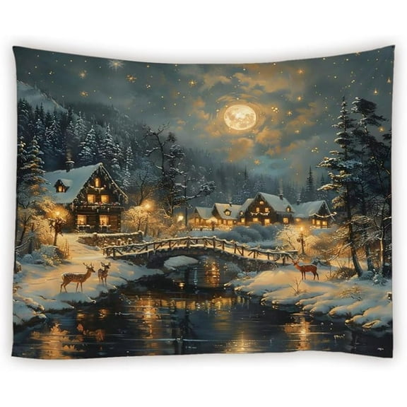 Winter Tapestry Rustic Cabin Deer Misty Snowy Forest Pine Tree Mountain Full Moon Snowflake River Merry Christmas Tapestries Wall Hanging for Bedroom Living Room Dorm Background Cloth