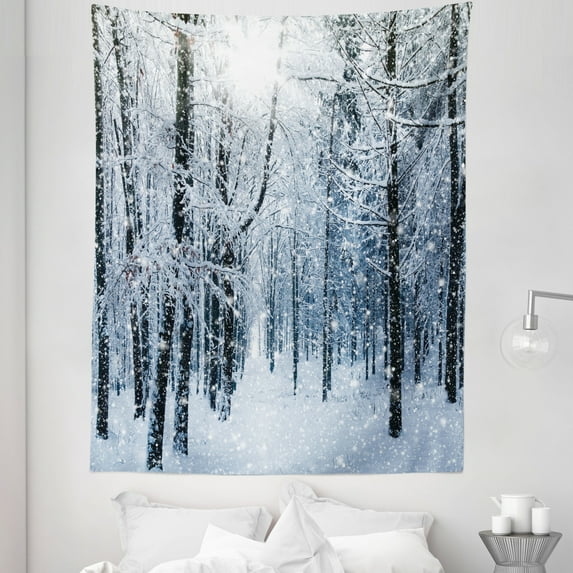 Winter Tapestry, Snow Covered Forest Idyllic Early Morning Scenery Seasonal Xmas Nature, Fabric Wall Hanging Decor for Bedroom Living Room Dorm, 5 Sizes, Black White Slate Blue, by Ambesonne
