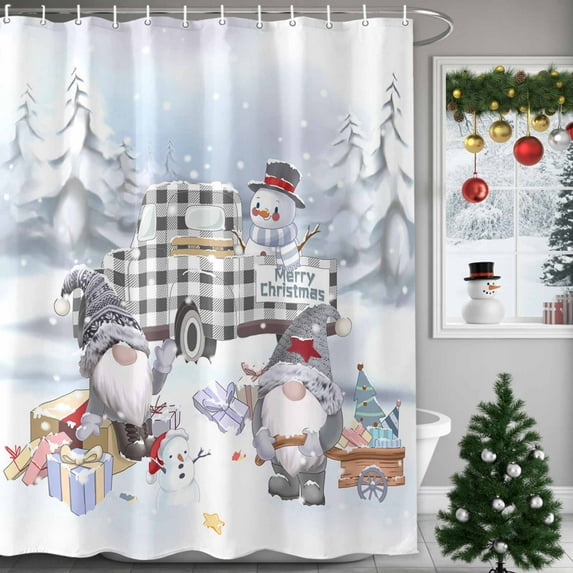 Shower Curtains Sets for Bathroom Decor Winter Tartan Truck Cute Snowman Topper Waterproof Bathroom Curtain with Hooks, Xmas Gnome Pine Forest for Bathroom Decor,36x72IN