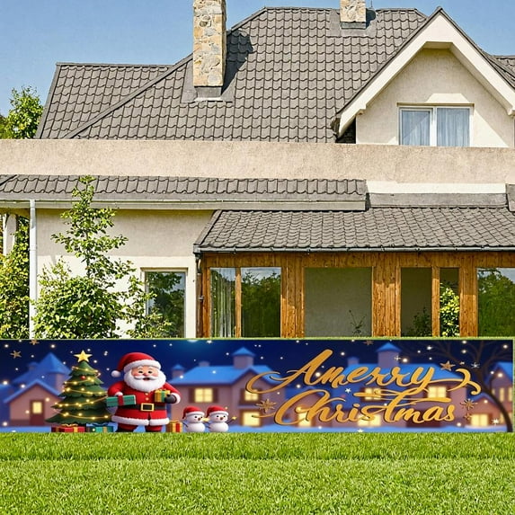 Winter Theme Christmas Banner Snowy Scene Xmas Banner Santa Sleigh Reindeer Pattern Holiday Banner for Christmas Party Winter Celebration Holiday Decoration