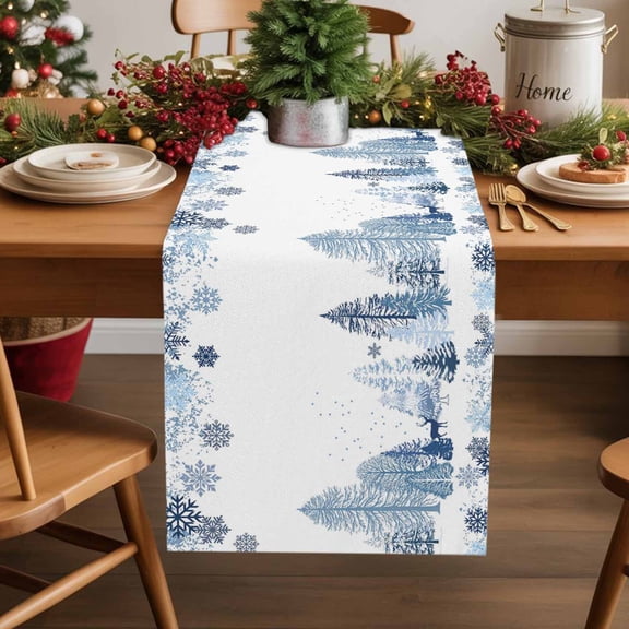 Winter Theme Forest Joggs Table Runner 13x60in Non-Slip Cotton Linen Table Runners, Elk Snowflake Dresser Scarves TableRunner for Dinner Kitchen Dining Wedding Party
