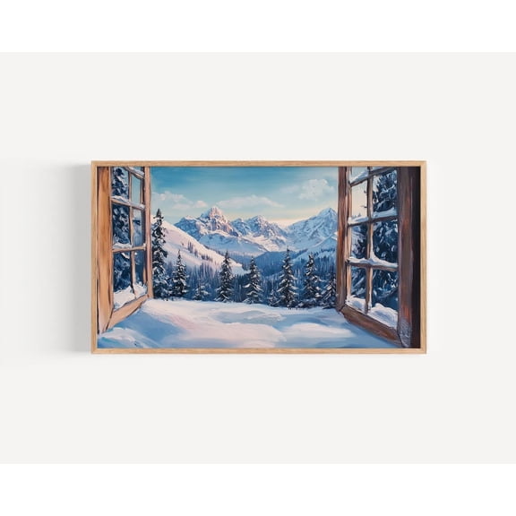 Winter Theme Frame Art Snow Scene Mountain View From Window Background