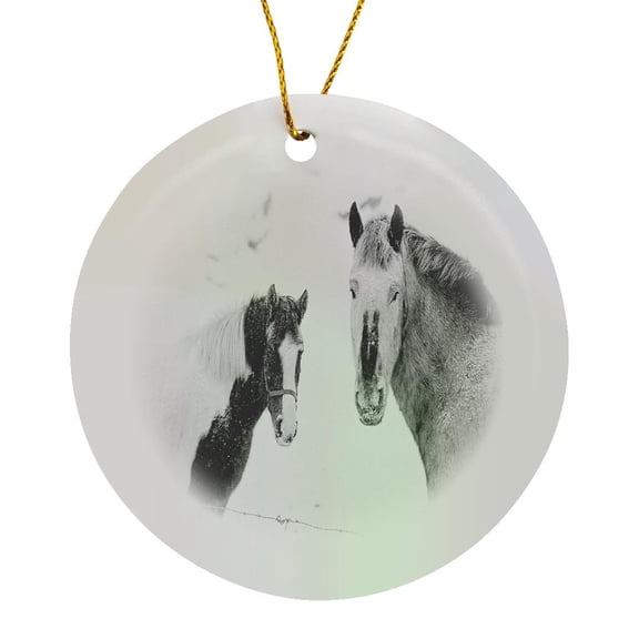 3drose, Winter Theme Horses in Snow, Circle Porcelain Ornament