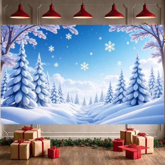 Winter Theme Snow Landscape Christmas Decoration Frosty Trees Holiday Backdrop Festive Snowfall Scene for Winter Party Christmas Celebration Indoor Decor
