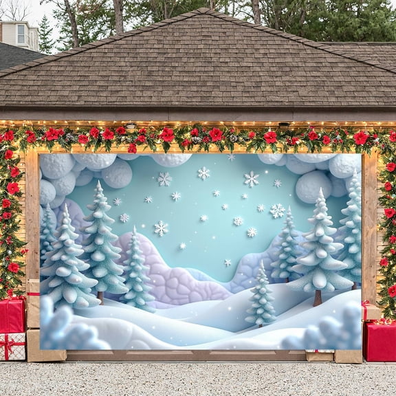 Winter Theme Snow Landscape Christmas Decoration Frosty Trees Holiday Backdrop Festive Snowfall Scene for Winter Party Christmas Celebration Indoor Decor