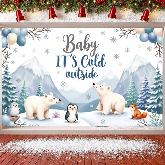 Winter Theme Winter Banner Blue Polar Bear Banner Cartoon Animal Snow Mountain Background Snowflake Banner for Winter Party Baby Shower Christmas Celebration