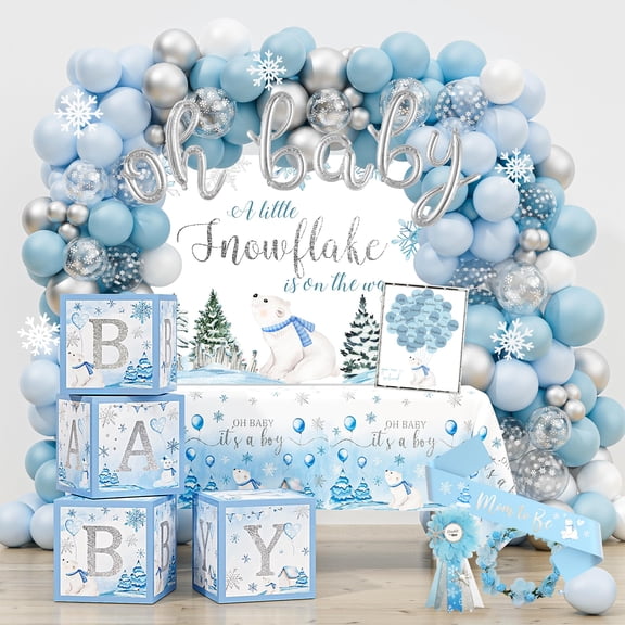 Winter Themed Baby Shower Party Decor Set with Snowflake Design 152pcs Balloon Garland & More