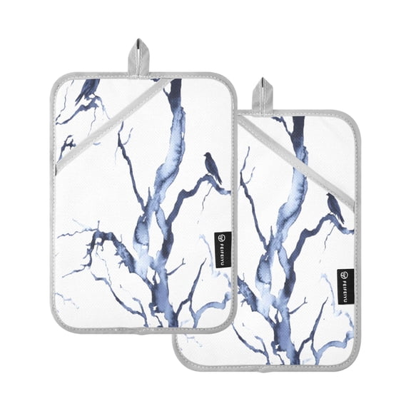 Winter Themed Birds and Trees 7x9.8in Pot Holder Set Heat-Resistant Oven Hot Pads Durable with Storage Loop
