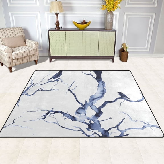Winter Themed Birds and Trees 80''x58'' Extra Large Plush Memory Foam Rug, Soft, Absorbent, Non Slip