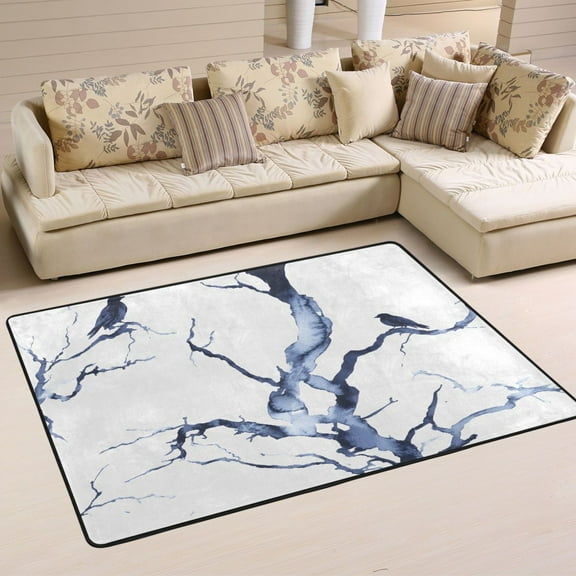 Winter Themed Birds and Trees Soft Polyester Area Rug 36''x24'', Non Slip, Memory Foam, Water Absorbent