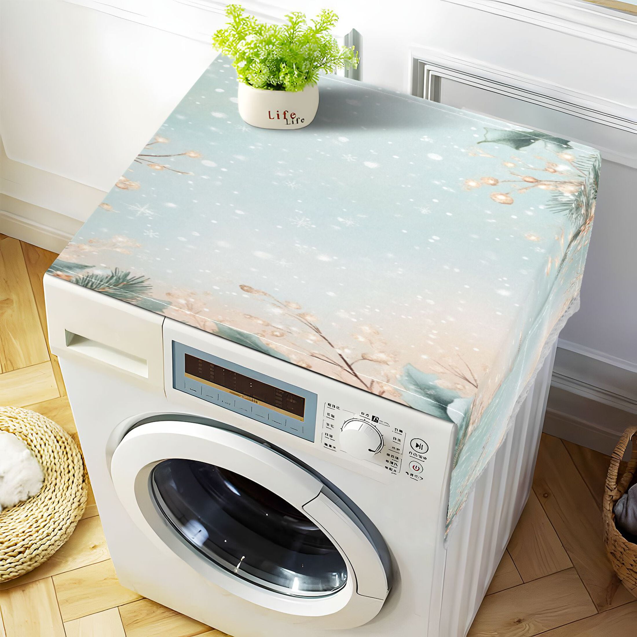 Winter Themed PatternWasher and Dryer Covers Dust-Proof and Oil Resistant Fridge Cover with 4 Storage Pockets Washing Machine Top Cover for Laundry Kitchen Home 51.2 x 22 In