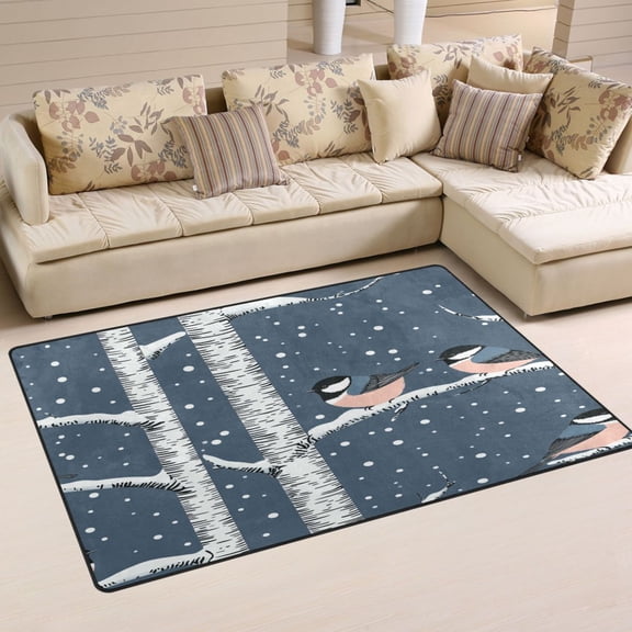 Winter Themed Trees and Birds Soft Polyester Area Rug 31''x20'', Non Slip, Memory Foam, Water Absorbent