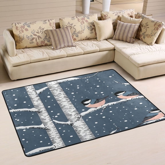 Winter Themed Trees and Birds Soft Polyester Area Rug 36''x24'', Non Slip, Memory Foam, Water Absorbent