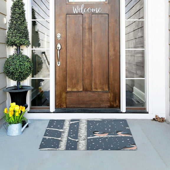 Winter Themed Trees and Birds Outdoor Doormats NonSlip Bath Rugs Absorbent Muddy Dirt Resist Door Mats 32''x20''