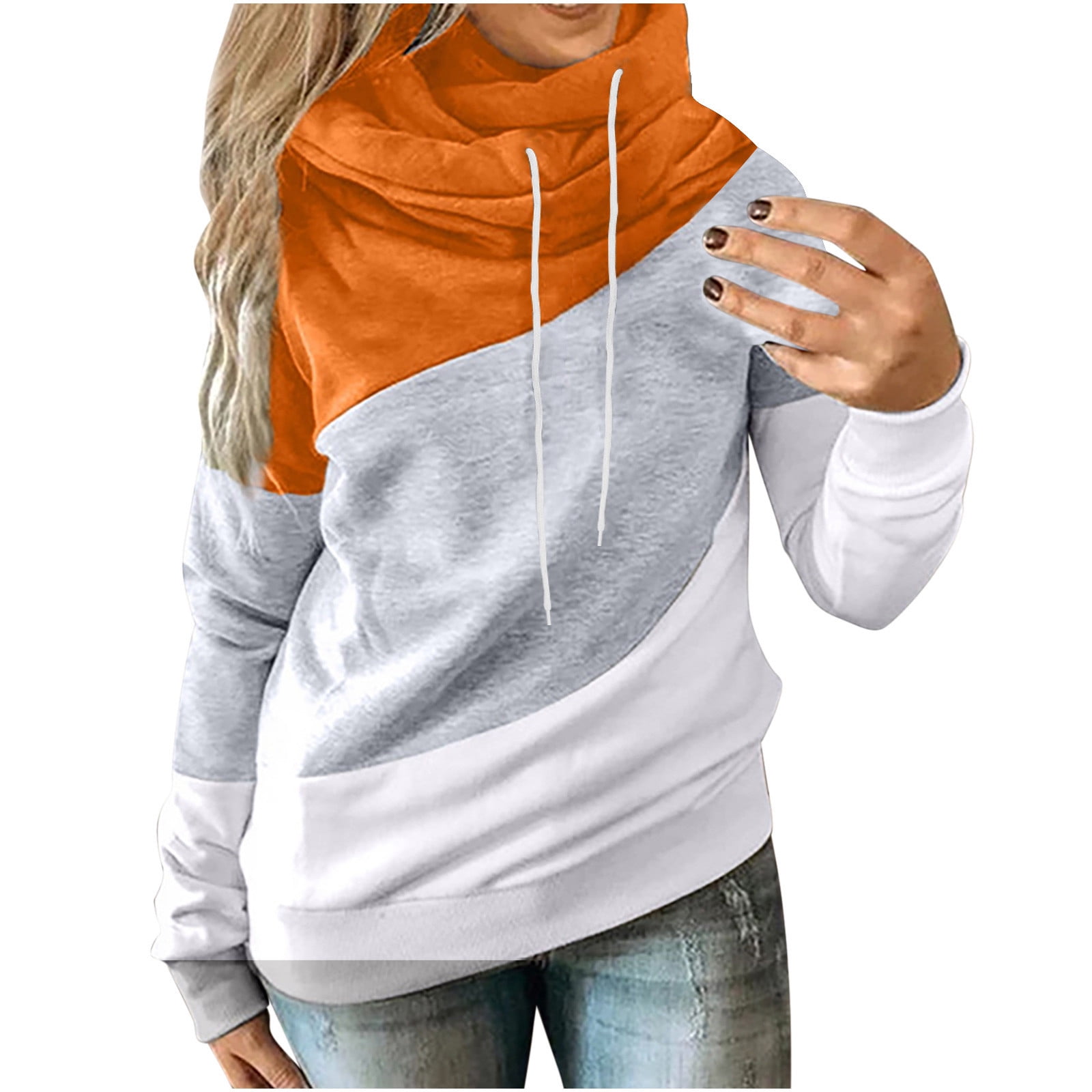 Winter Thermal Cowl Neck Hoodies for Women Color Block Patchwork Pullover Drawstring Fleece Lined Long Sleeve Sweatshirt Yellow XXL Walmart