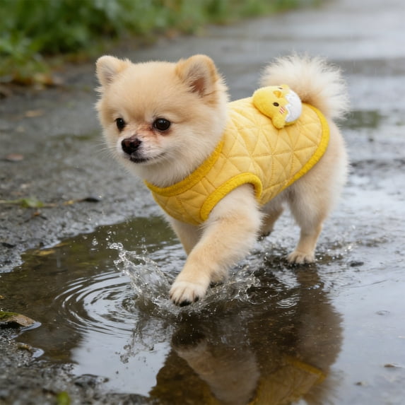 Winter Thermal Dog Coat Sleeveless Small Dog Jacket Yellow Polyester 35x25cm Windproof Water-Repellent Zipper Closure Lightweight Warm Pet Wear