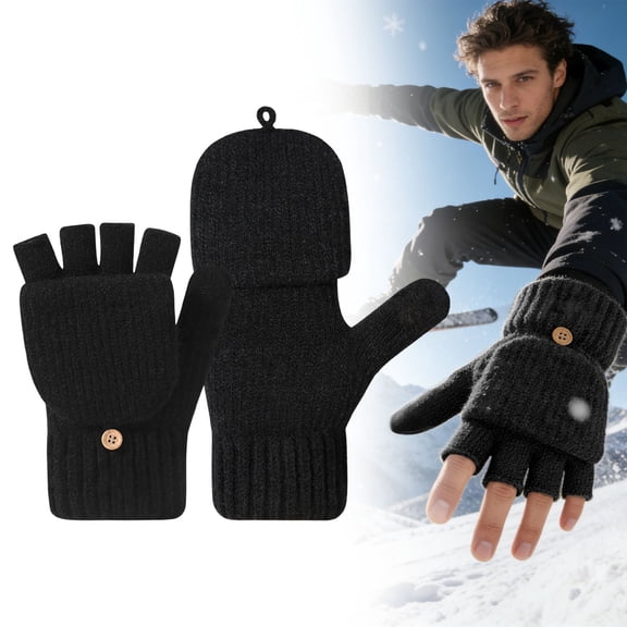 Winter Thermal Fingerless Gloves Mittens, Knitted Convertible Mittens Flap, Warm Gloves for Women and Men, A