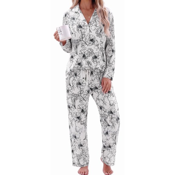 Women's Pajama Sets 2 Piece Pajama Set for Women Long Sleeve Button Front Sleepwear with Wide Leg Pajama Pants Soft Comfy Pajamas with Pockets