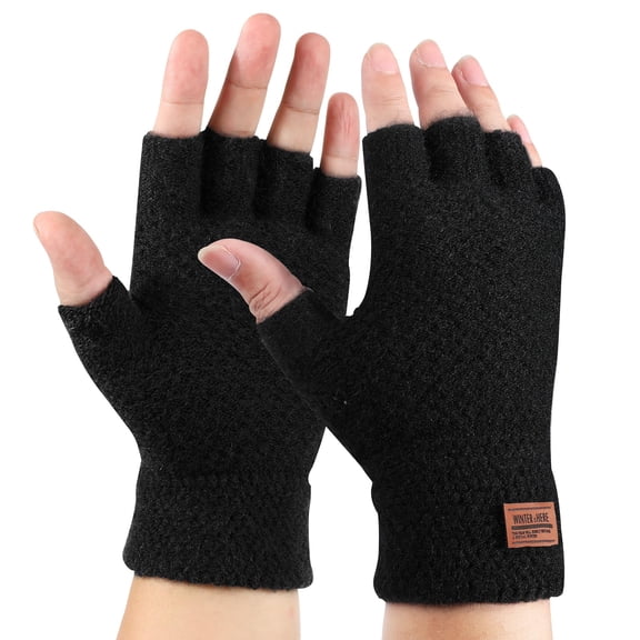Winter Thermal Fingerless Gloves for Men Women, Warm knitted Half Finger Mittens, Black