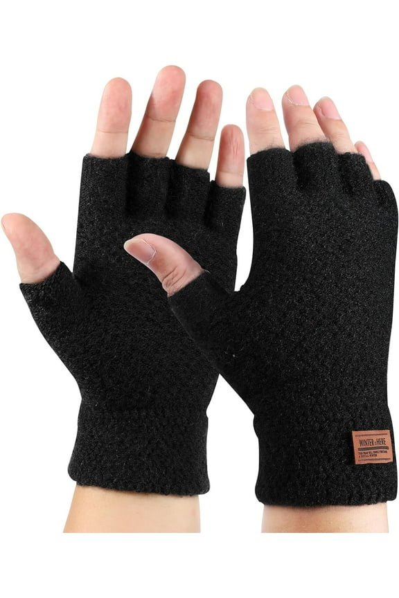 Winter Thermal Fingerless Gloves for Men Women, Warm knitted Half Finger Mittens, Black