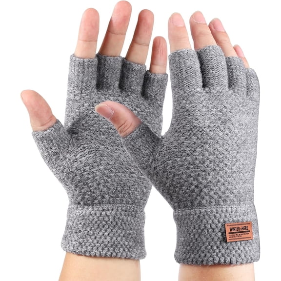 Winter Thermal Fingerless Gloves for Men Women, Warm knitted Half Finger Mittens, Gray