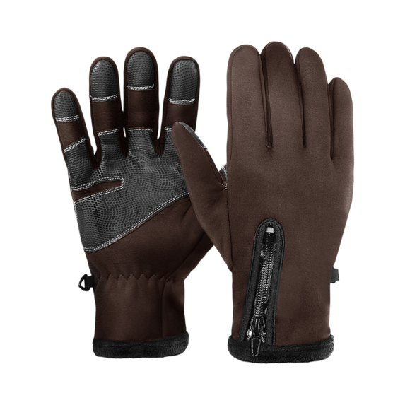 Winter Thermal Gloves for Men Women Windproof Thickened Outdoor Cycling Gloves Full Finger Gloves with Zipper Grip Palm Touchscreen Compatible for Running Commuting Brown L