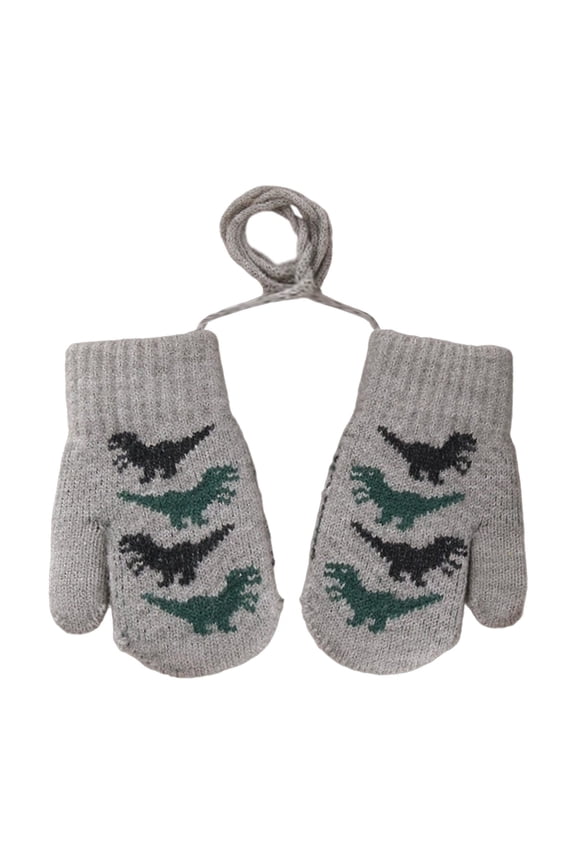 Winter Thermal Gloves for Kids Double Layer Lined Thick Knitted Dinosaur Pattern Cold Weather Hand