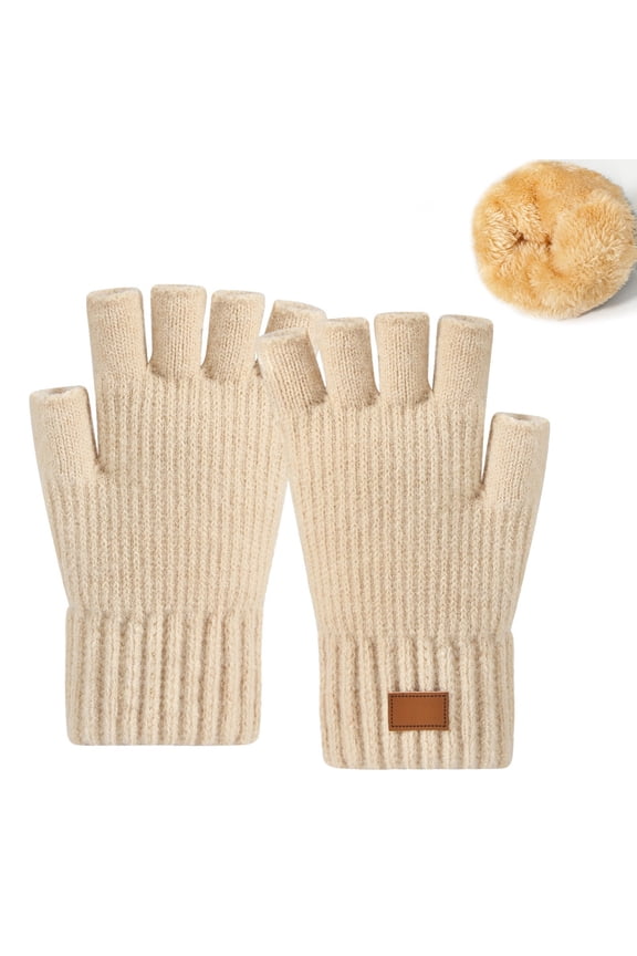 Winter Thermal Half Finger Knitted Warm Touchscreen Texting Mittens For Cold Weather Hand, Beige