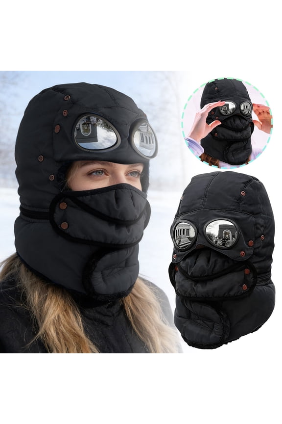 Winter Thermal Hat with Glasses,4 in 1 Windproof Warm Hat Detachable Mask Neckband for Hiking, Camping and Outdoor, Trapper Beanie with Goggles Built in