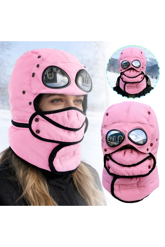 Winter Thermal Hat with Glasses,4 in 1 Windproof Warm Hat Detachable Mask Neckband for Hiking, Camping and Outdoor, Trapper Beanie with Goggles Built in