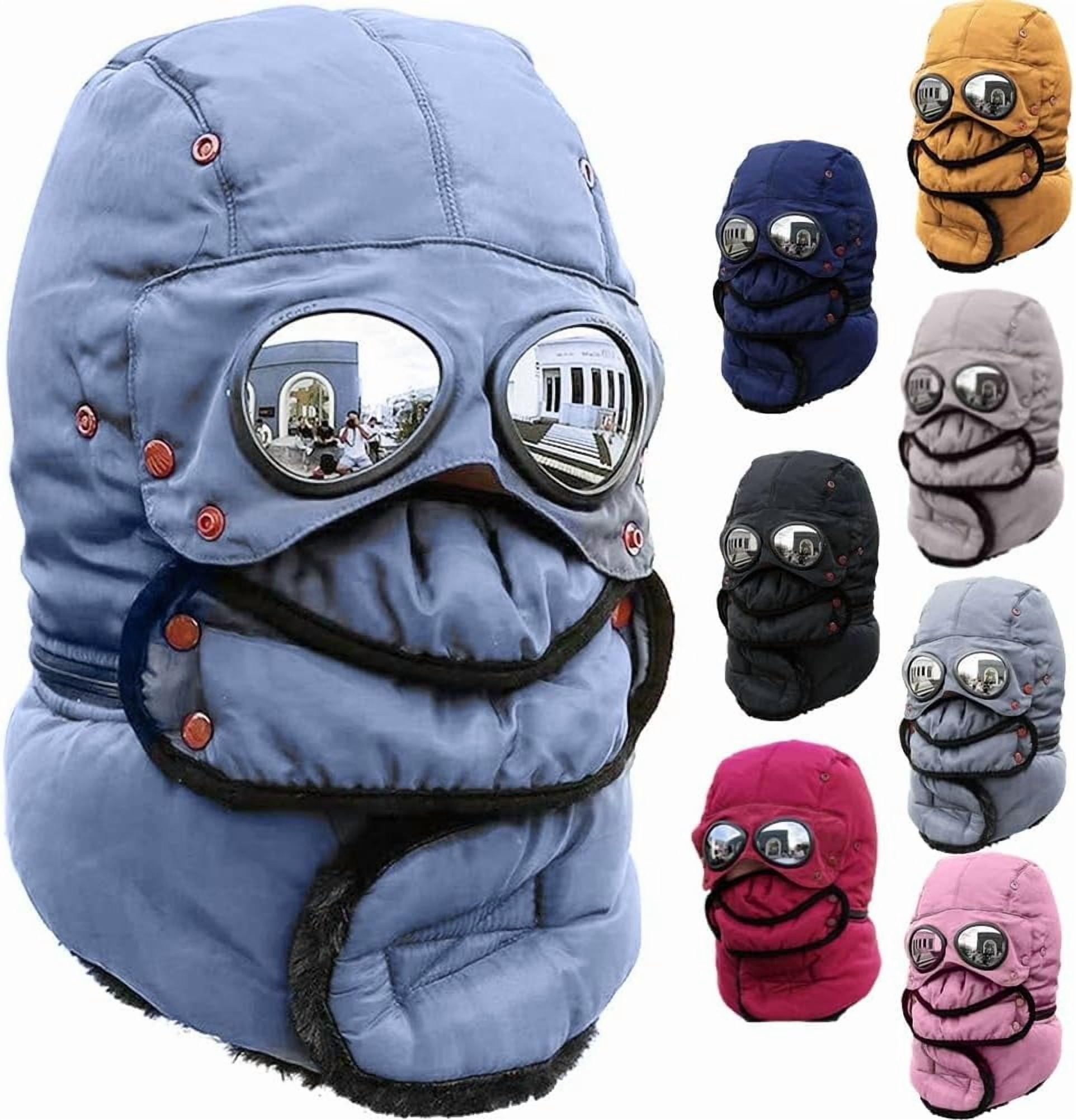 Winter Thermal Hat with Glasses, 4-in-1 Windproof Warm Hat with Detachable Face Mask & Goggles, Fleece Lined Ear Flaps for Skiing, Snowboarding, Motorcycle