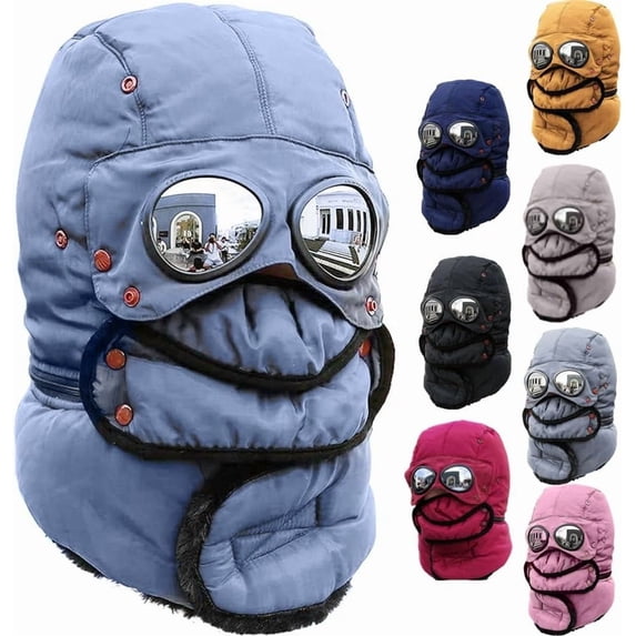 Winter Thermal Hat with Glasses, 4-in-1 Windproof Warm Hat with Detachable Face Mask & Goggles, Fleece Lined Ear Flaps for Skiing, Snowboarding, Motorcycle