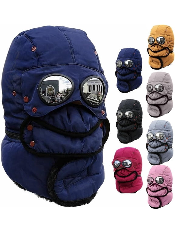 Winter Thermal Hat with Glasses, 4-in-1 Windproof Warm Hat with Detachable Face Mask & Goggles, Fleece Lined Ear Flaps for Skiing, Snowboarding, Motorcycle