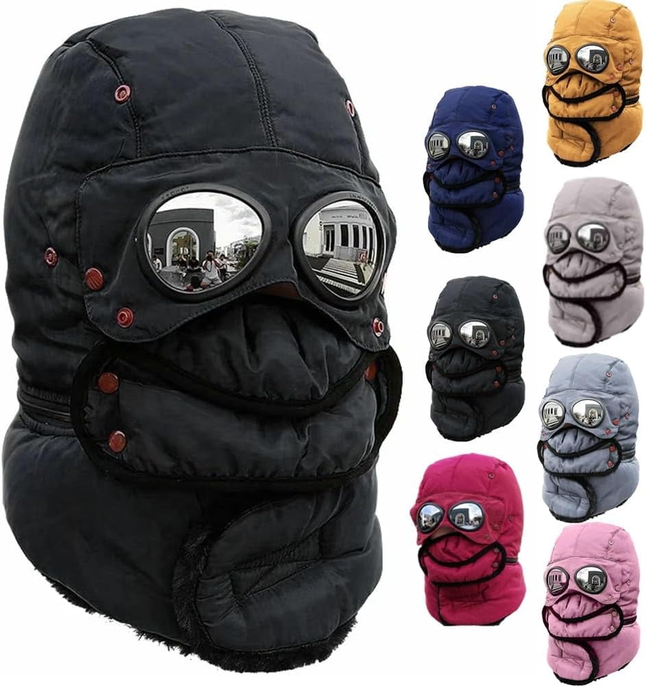 Winter Thermal Hat with Glasses, 4-in-1 Windproof Warm Hat with Detachable Face Mask & Goggles, Fleece Lined Ear Flaps for Skiing, Snowboarding, Motorcycle