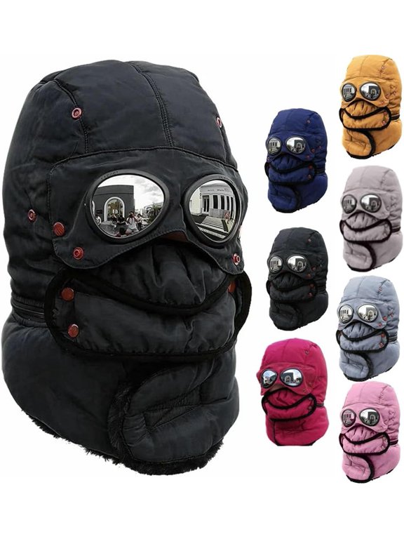 Winter Thermal Hat with Glasses, 4-in-1 Windproof Warm Hat with Detachable Face Mask & Goggles, Fleece Lined Ear Flaps for Skiing, Snowboarding, Motorcycle