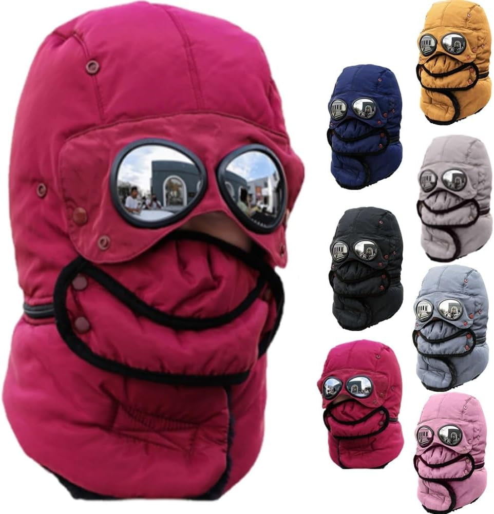 Winter Thermal Hat with Glasses, 4-in-1 Windproof Warm Hat with Detachable Face Mask & Goggles, Fleece Lined Ear Flaps for Skiing, Snowboarding, Motorcycle