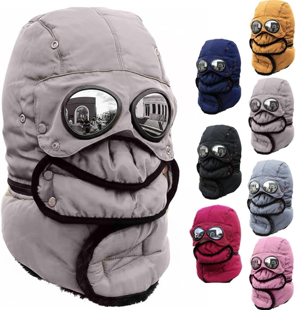 Winter Thermal Hat with Glasses, 4-in-1 Windproof Warm Hat with Detachable Face Mask & Goggles, Fleece Lined Ear Flaps for Skiing, Snowboarding, Motorcycle