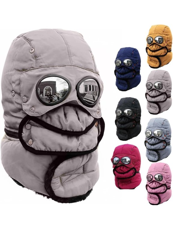 Winter Thermal Hat with Glasses, 4-in-1 Windproof Warm Hat with Detachable Face Mask & Goggles, Fleece Lined Ear Flaps for Skiing, Snowboarding, Motorcycle