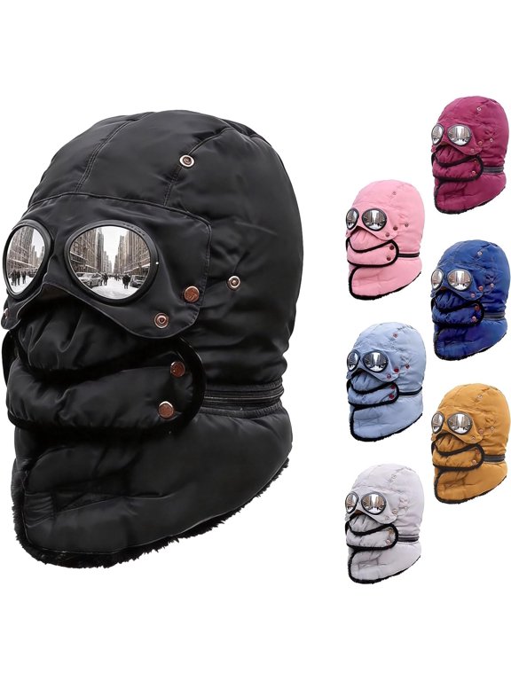 Winter Thermal Hat with Detachable Goggles & Face Mask, 4-in-1 Windproof Fleece Aviator Hat for Ski Snow Sports (Black)